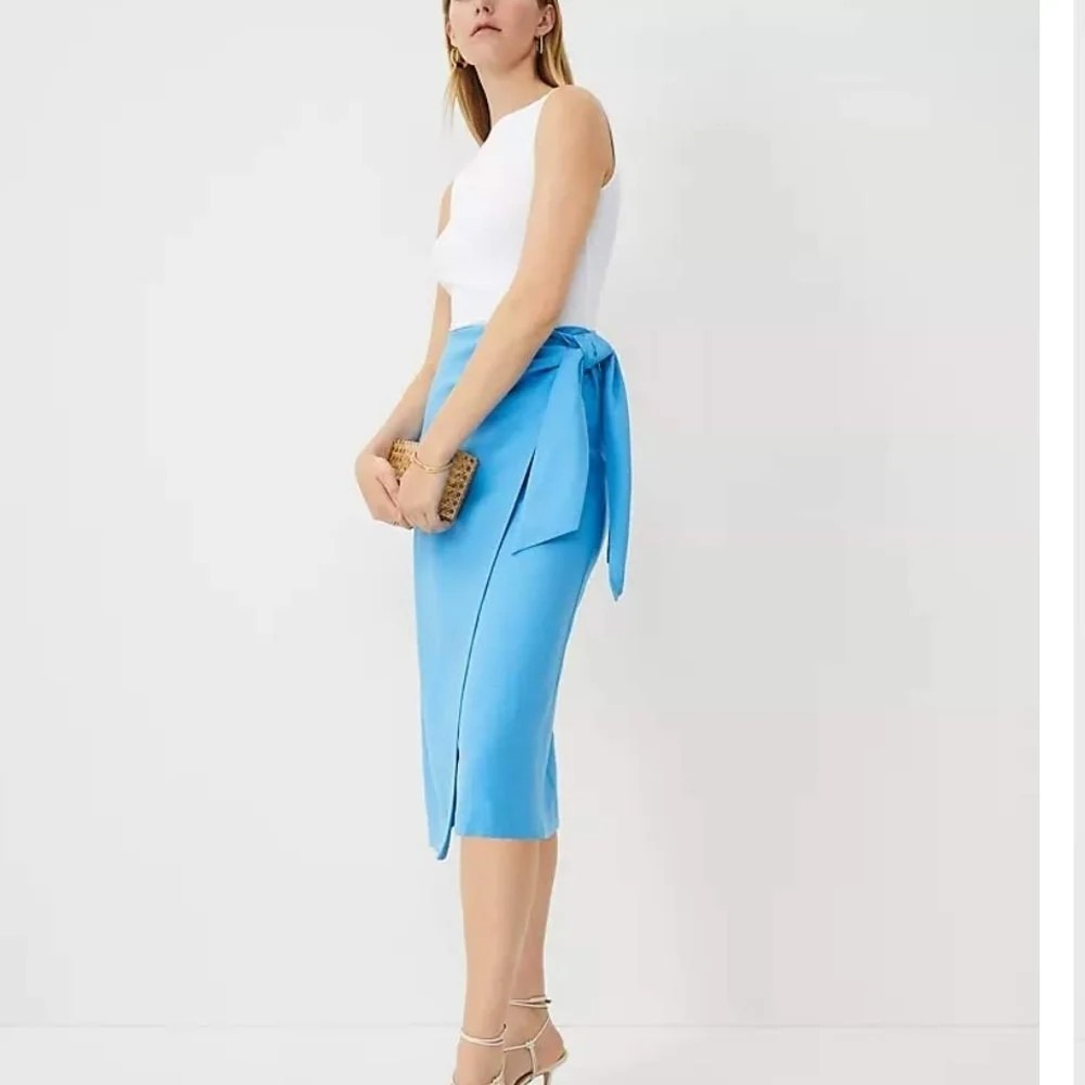 "NWT" Ann Taylor Tie Waist Tiered Lined Wrap Skirt In Blue Women's Size 16-Linen